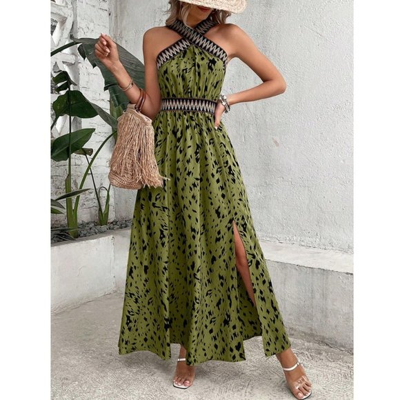 Allover Print Contrast Tape Split Thigh Maxi Dress Green - Picture 6 of 6